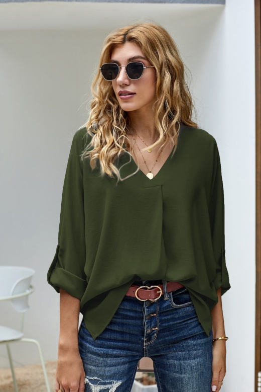 Modeshe Elegant Army Green V Neck 3/4 Sleeve High Low Hem Blouse