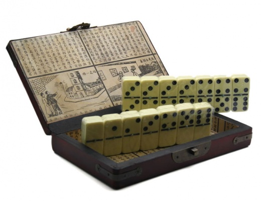 Ivory-Colored Domino Game in Antique Chinese Wooden Case