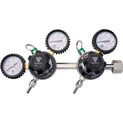 Komos® Premium Dual Body Co2 Regulator | Industrial-Grade | 0–60 Psi Operating Range | 1/4" Flare Fittings With Barbed Outlet & Duotight Adapter Fittings
