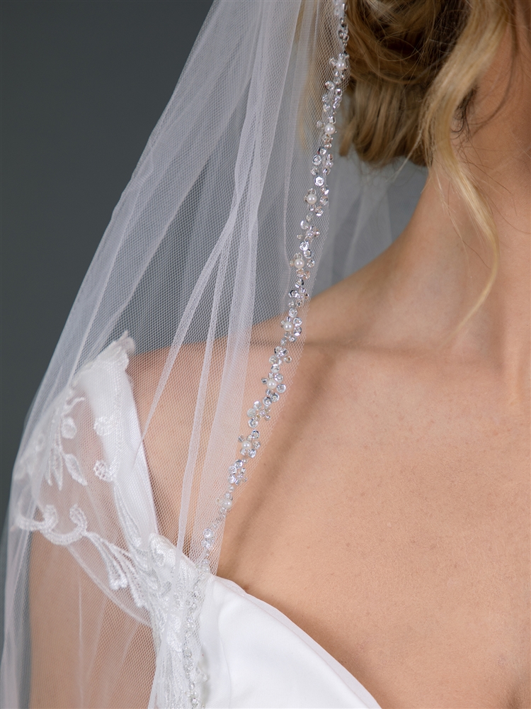 90 Chapel Length Cut Edge Ivory Bridal Veil with Scattered Pearls