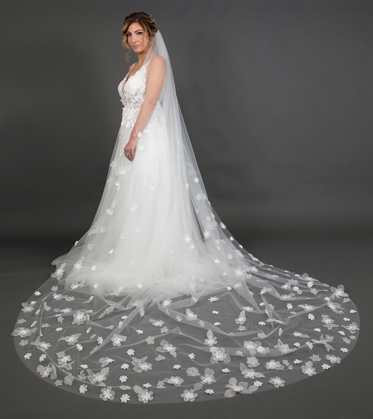 3D Flower Bridal Veil Wedding Cathedral Veil with Organza Flowers