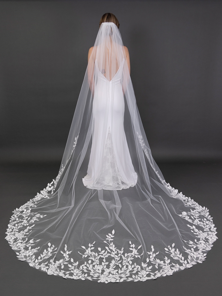 1-Tier 108 Ivory Cathedral Bridal Veil Edged With Crystal Rhinestone,  Pearl & Bugle Bead Trim