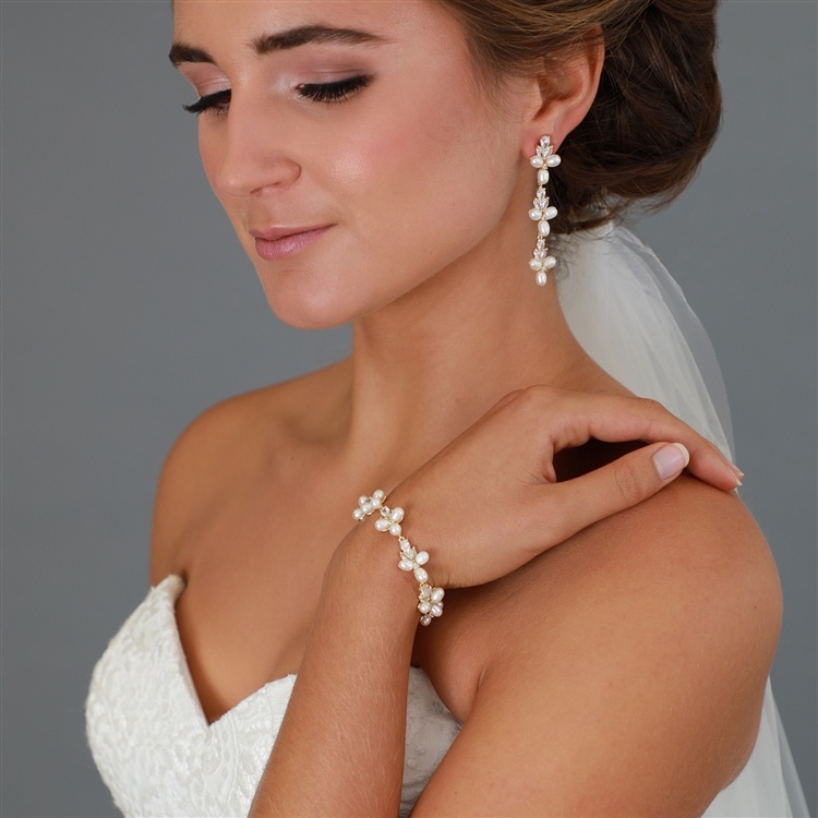 Genuine Freshwater Pearls And Cz Linear Dangle Bridal Earrings In 14K Gold Plating