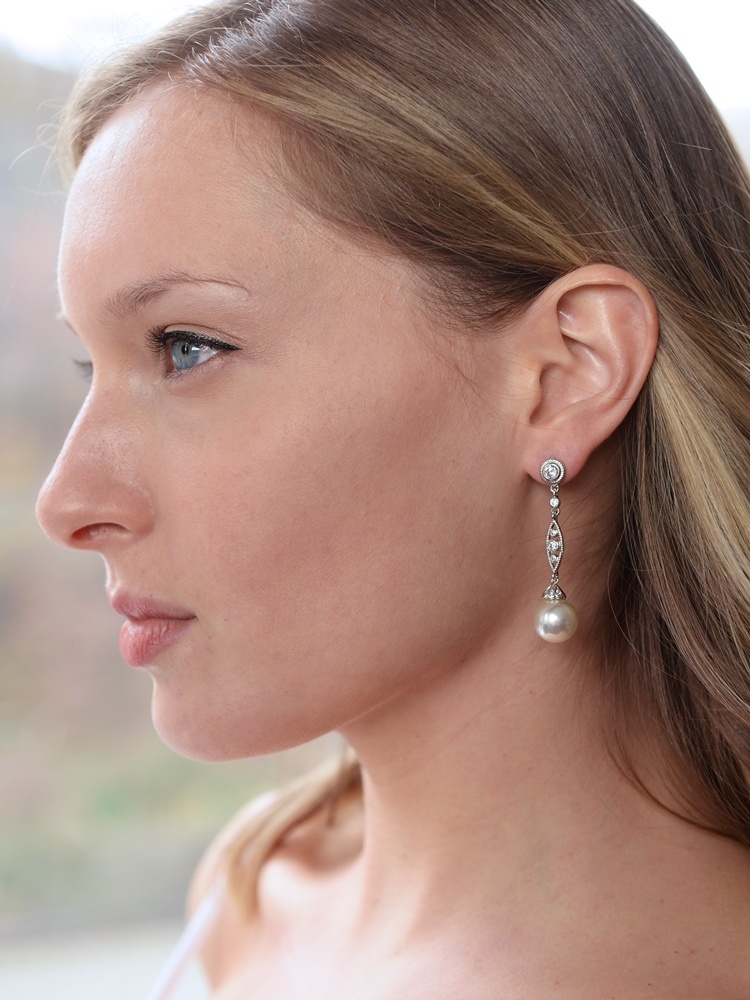 Dangle Wedding Earrings With Cz Filigree & Bold Pearl