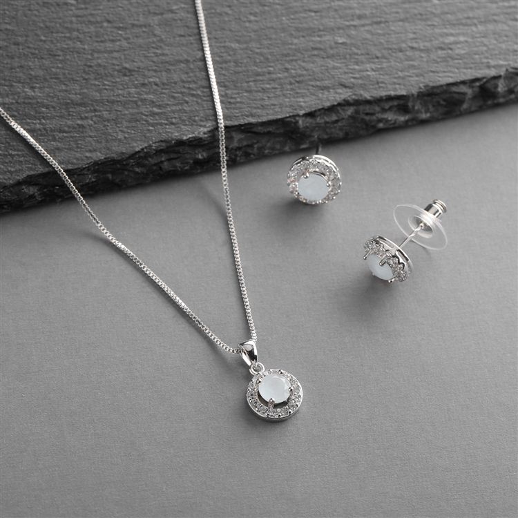 Cubic Zirconia Round Shape Halo Necklace And Stud Earrings Set - Blue Opal