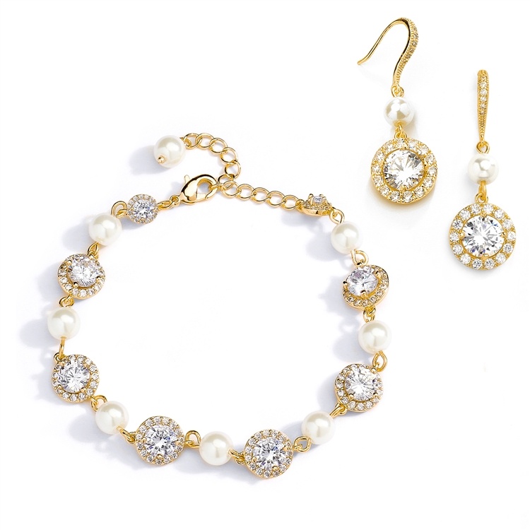 Ivory Pearl And Cubic Zirconia Bridal Bracelet And Earrings Set In 14K Gold