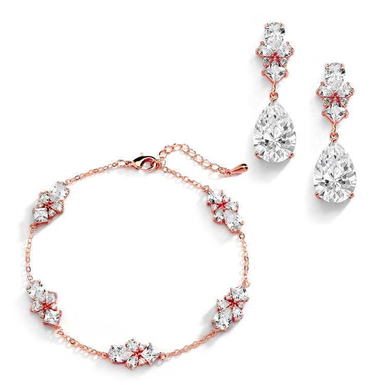 Cz Multi-Shape 14K Rose Gold Bracelet And Earrings Set With Adjustable Chain