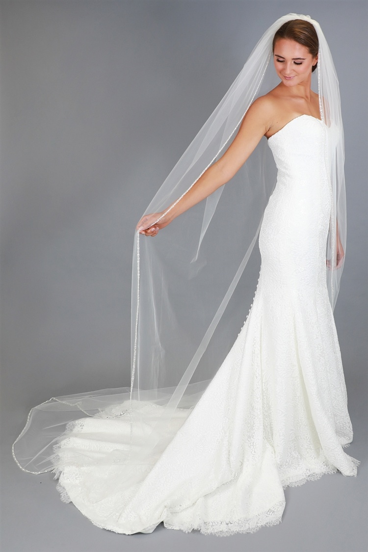 1-Tier 108" Ivory Cathedral Bridal Veil Edged With Crystal Rhinestone, Pearl & Bugle Bead Trim
