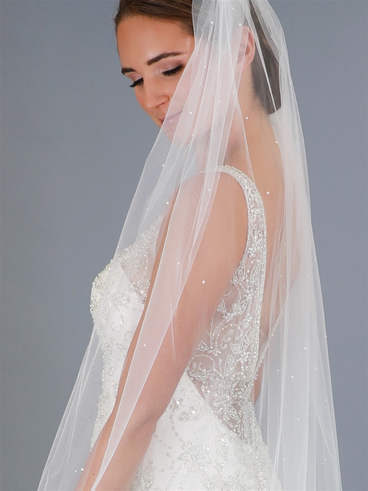 72" Floor Length Cut Edge Ivory Bridal Veil With Scattered Pearls & Crystals