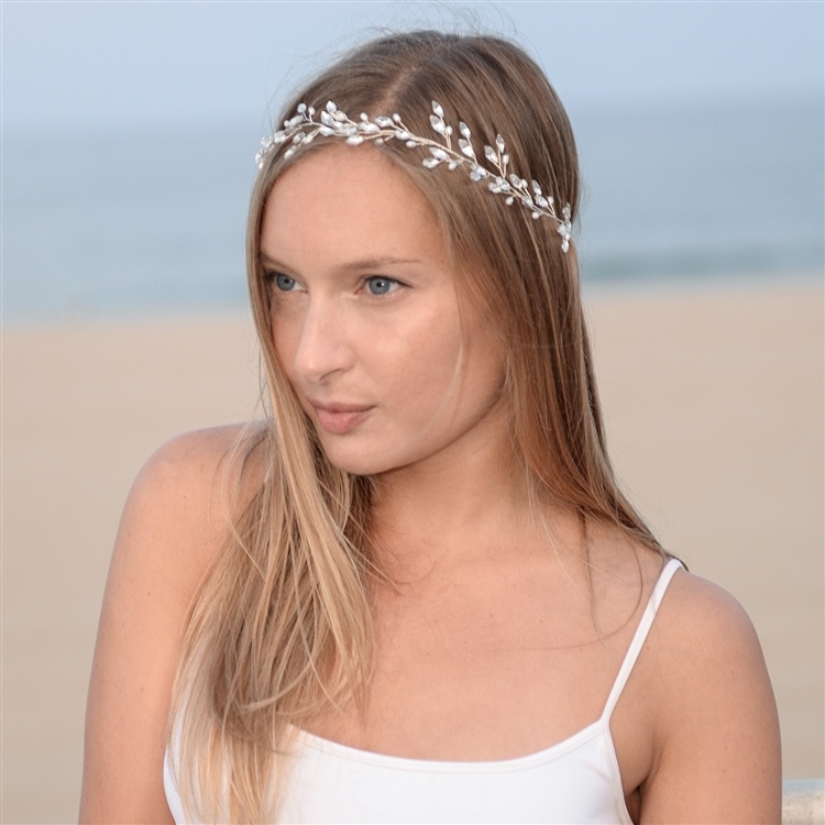 Silver Jeweled Vine Headband With Crystals, Freshwater Pearls And Ivory Ribbon