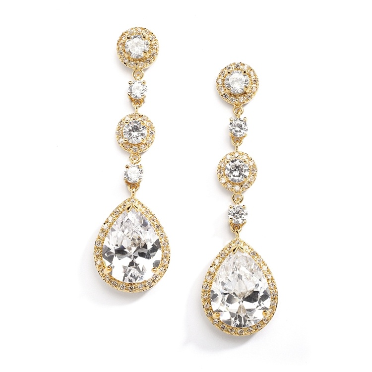 Pear-Shaped Drop Bridal Earrings With Gold Pave Cz - Clip On