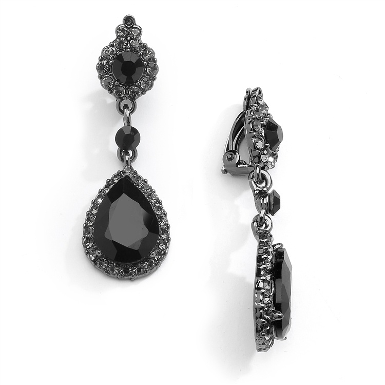 Jet Black Crystal Clip-On Earrings With Teardrop Dangles In Hematite Plating