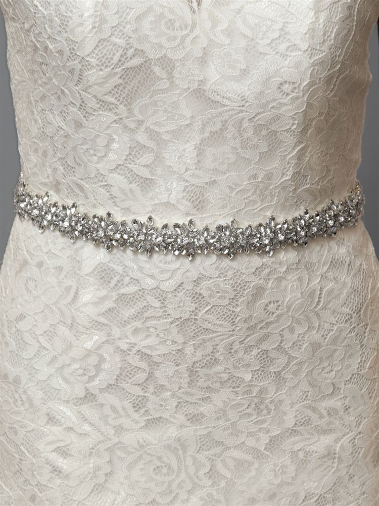Dazzling Crystal Bridal Belt With Jewelled Clusters & Ivory Ribbon