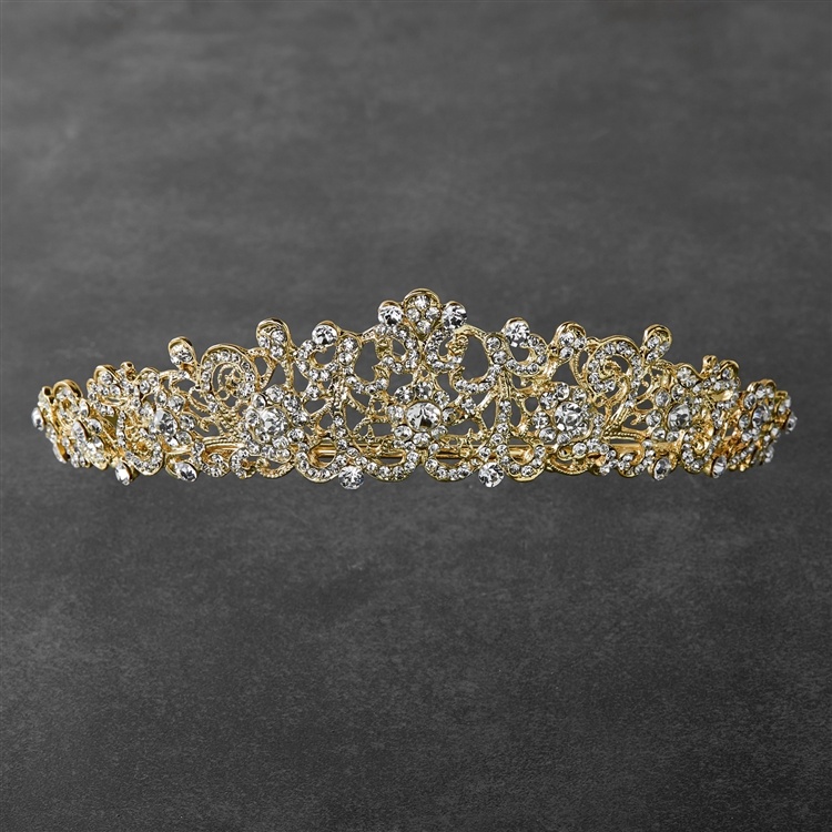 Vintage Filigree Gold Tiara With Clear Crystals For Bridal, Prom Or Wedding