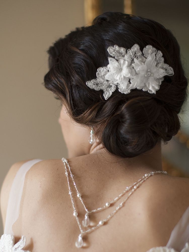 Sophisticated Handmade Bridal Comb With White Beaded Floral Lace Applique