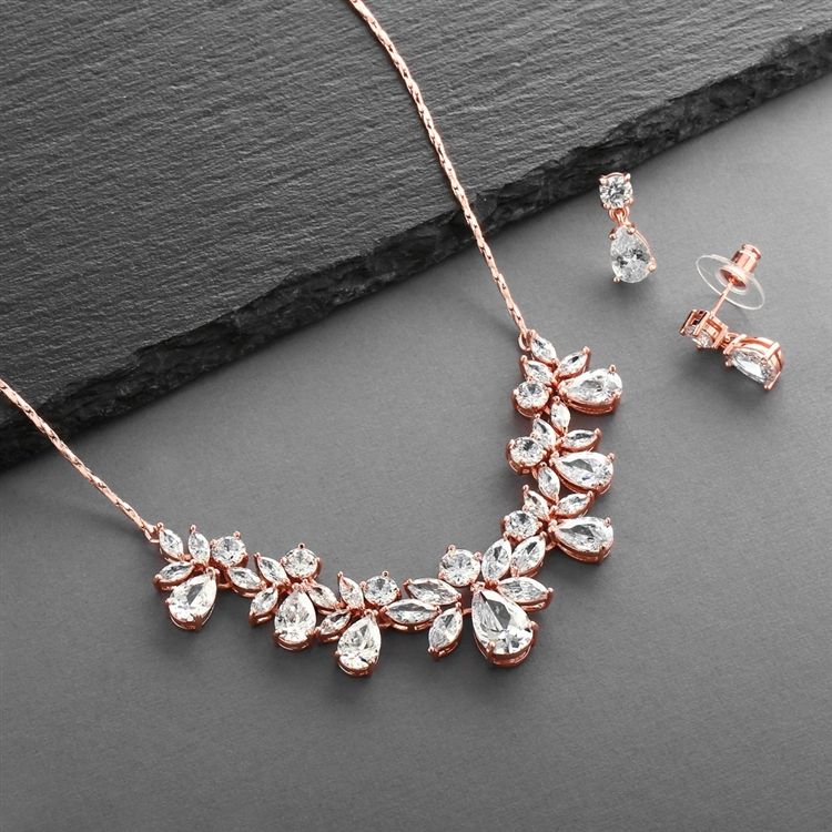 Multi Pear Shaped Cz Necklace Set With In Rose Gold With Delicate Chain