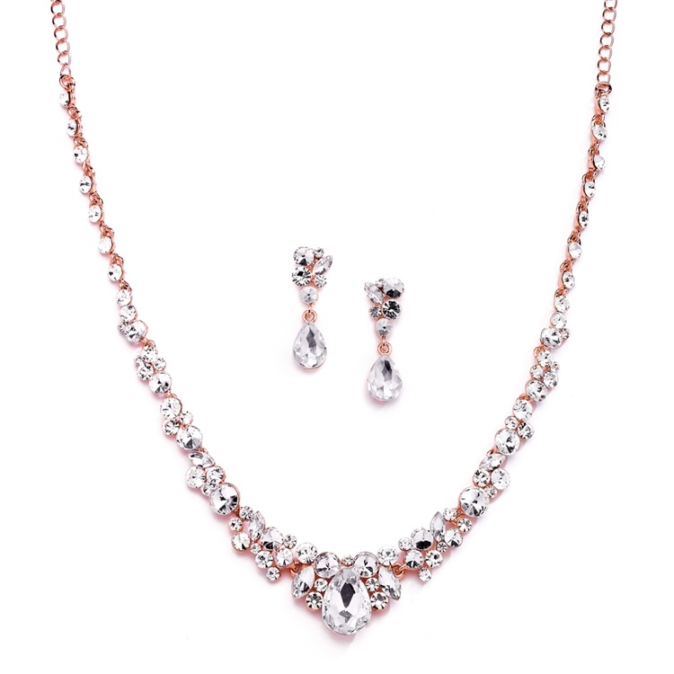 Regal Rose Gold Crystal Bridal Or Prom Necklace & Earrings Set