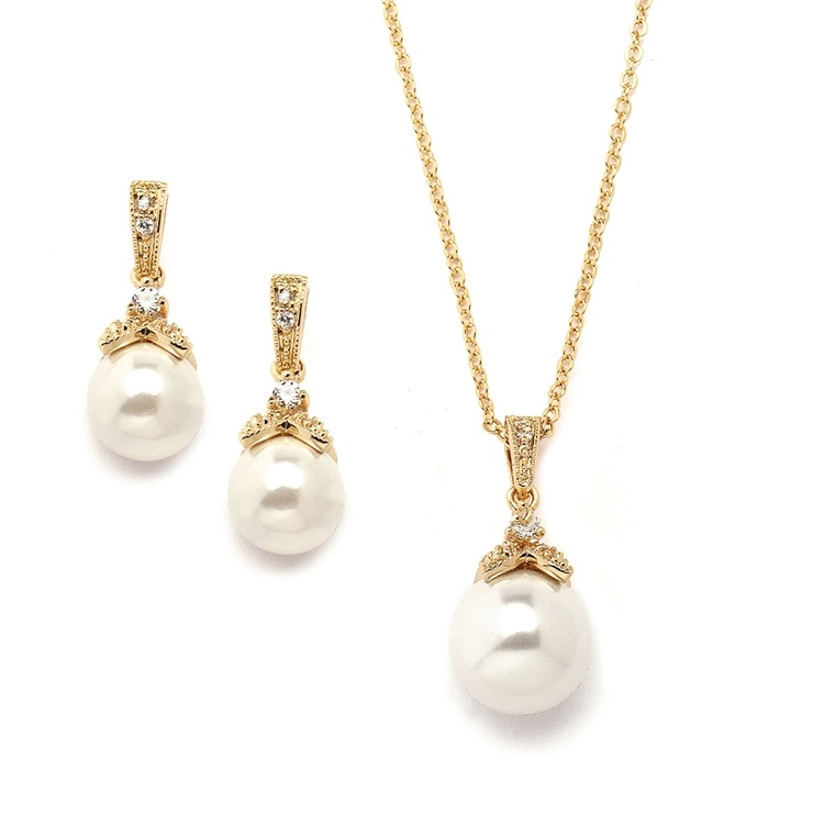Gold Pearl Drop Necklace Set With Vintage Cz