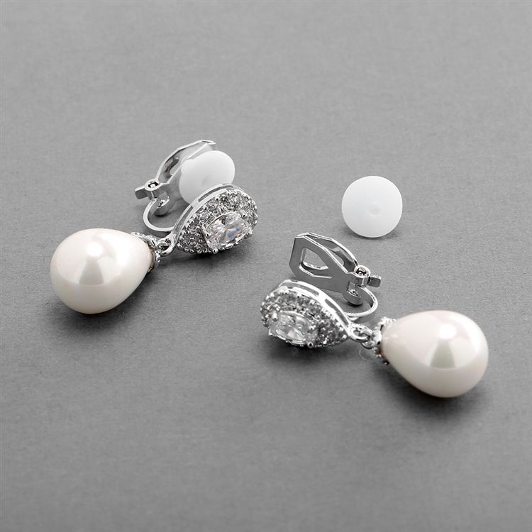 Clip On Cz Pear Bridal Earrings With Bold Soft Cream Pearl Drops