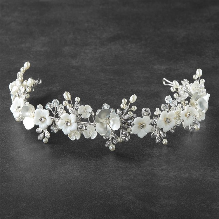 Silver Matte Floral Bridal Wedding Tiara Crown With Light Ivory Flowers & Freshwater Pearls