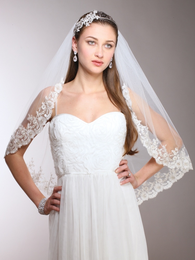 Mariell Gorgeous Beaded Edge Silver Lace Fingertip Bridal Veil