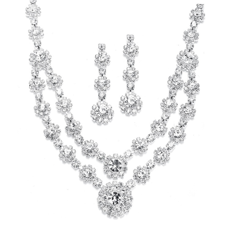 Regal Silver 2-Row Rhinestone Necklace & Earrings Set