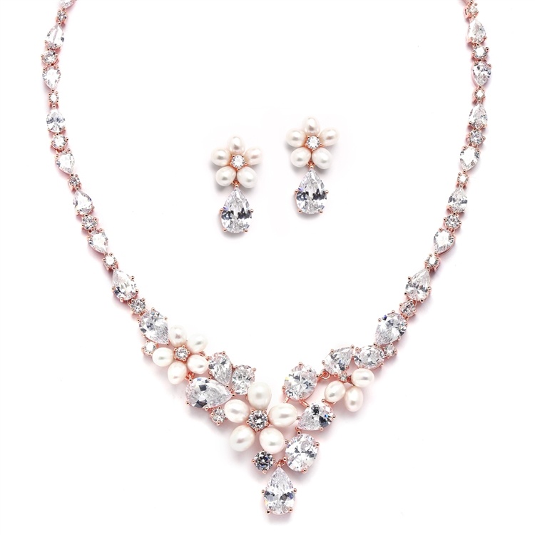 Luxurious Rose Gold Freshwater Pearl & Cz Statement Necklace & Earrings Set For Brides