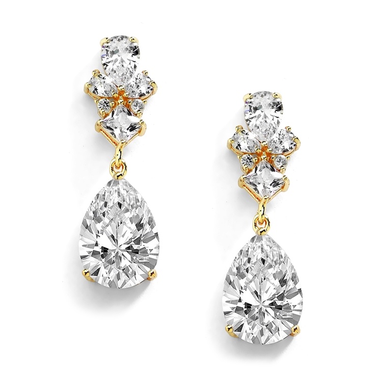 14K Gold Cubic Zirconia Teardrop Pear-Shaped Dangle Drop Wedding Earrings