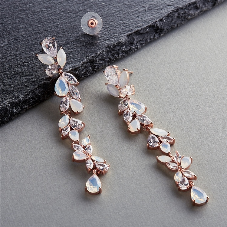 Cubic Zirconia And Opal Long Statement Rose Gold Wedding Dangle Earrings