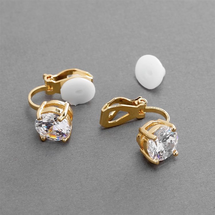 Gold Clip-On Earrings With 2 Carat 8Mm Cz Solitaire