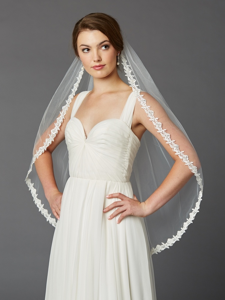 Delicate 36" Fingertip Length Lace Edge Wedding Veil With Beaded Accents