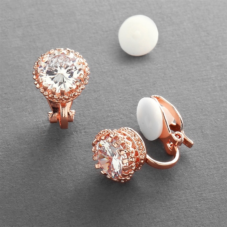 Rose Gold Crown Setting Clip-On 2.0 Carat Round Solitaire Cubic Zirconia Stud Earrings