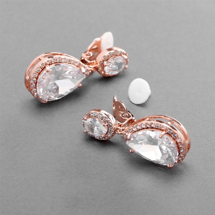 Cubic Zirconia Rose Gold Pear-Shaped Bridal Earrings With Clip Back