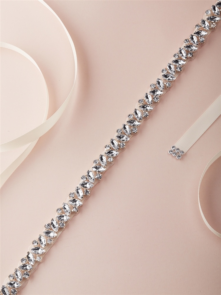 Slender Silver Bridal Belt With Austrian Crystals & Ivory Ribbon