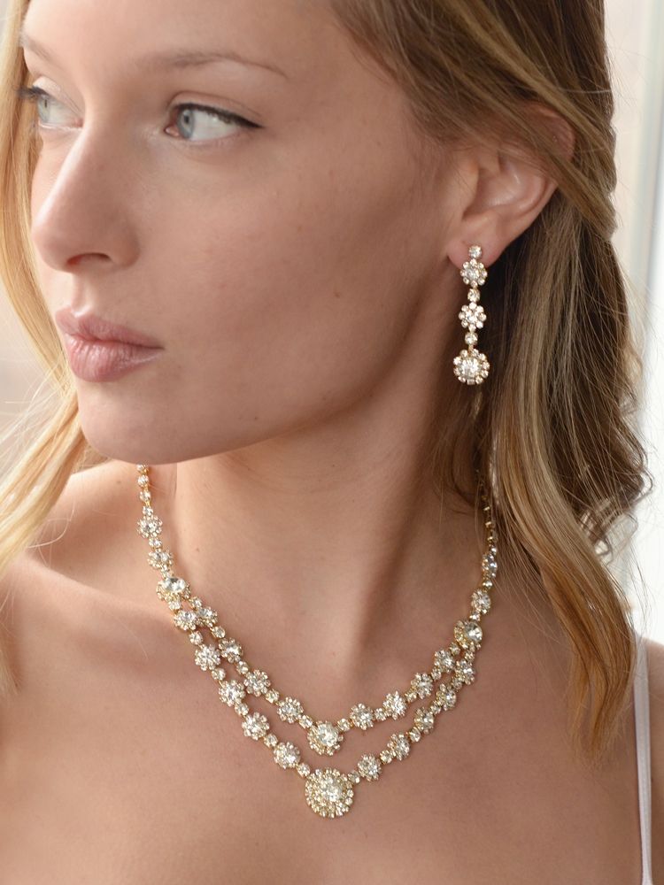 Best Selling Regal Gold Two Row Rhinestone Necklace & Earrings Set