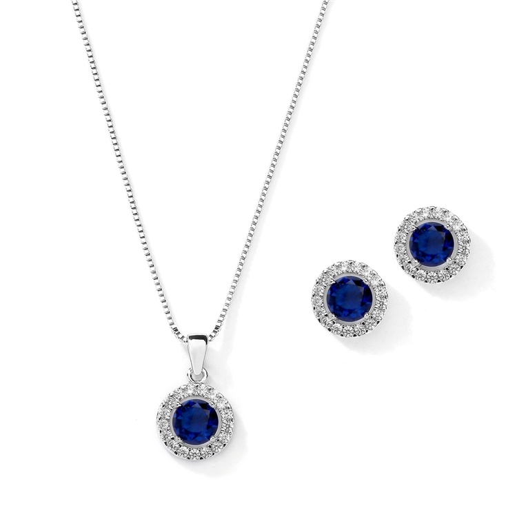 Cubic Zirconia Round Shape Halo Necklace And Stud Earrings Set - Sapphire