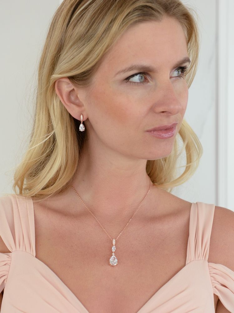 Rose Gold Bridal Necklace Set With Pave Top & Cubic Zirconia Pears