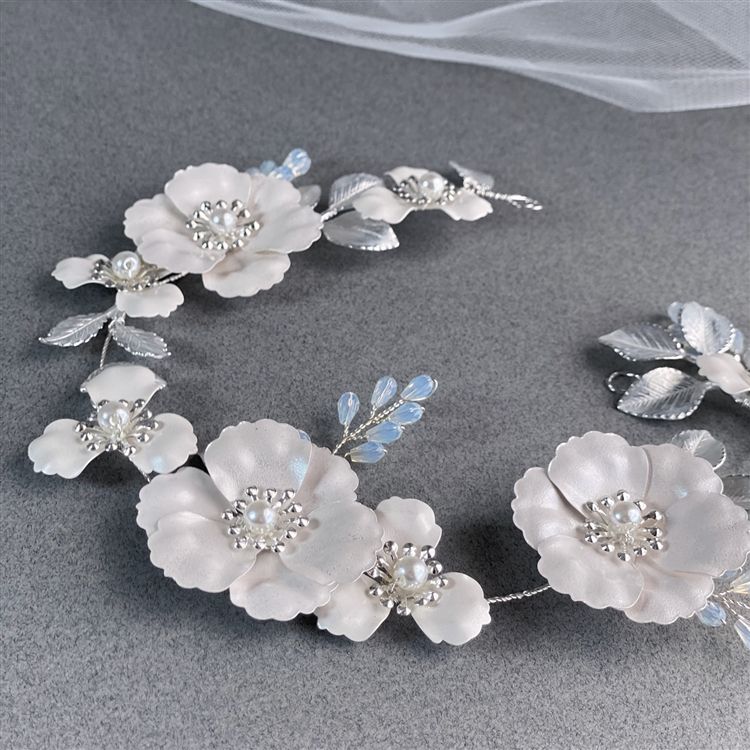 Bridal Hair Vine Headpiece With Ivory Enamel & Matte Silver Metal Flowers & Opal Crystals