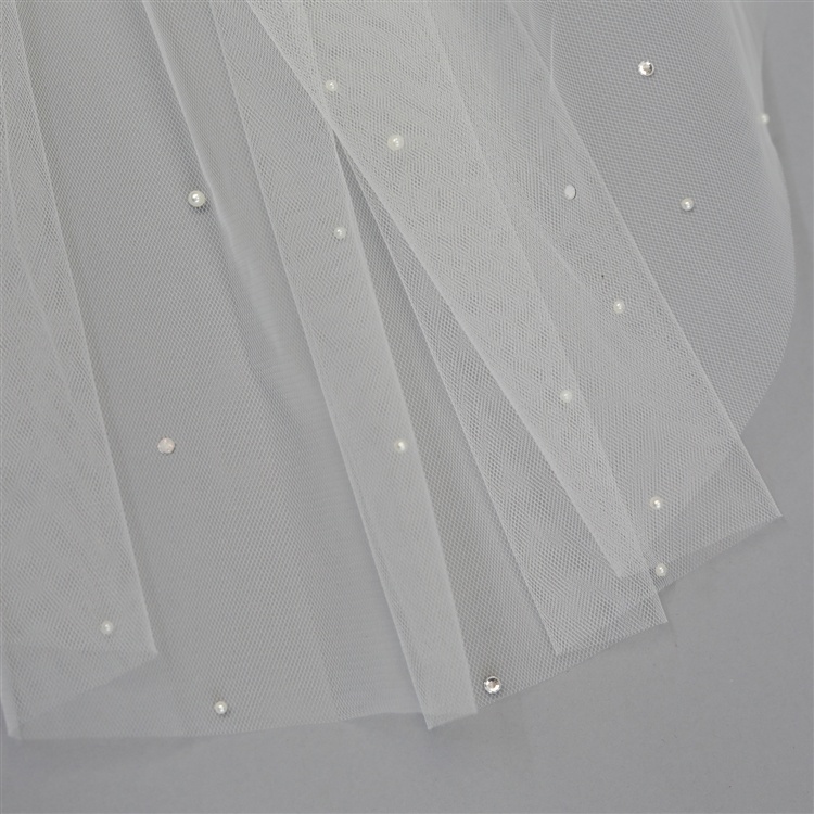 52" Waltz Length Cut Edge Ivory Bridal Veil With Scattered Pearls & Crystals