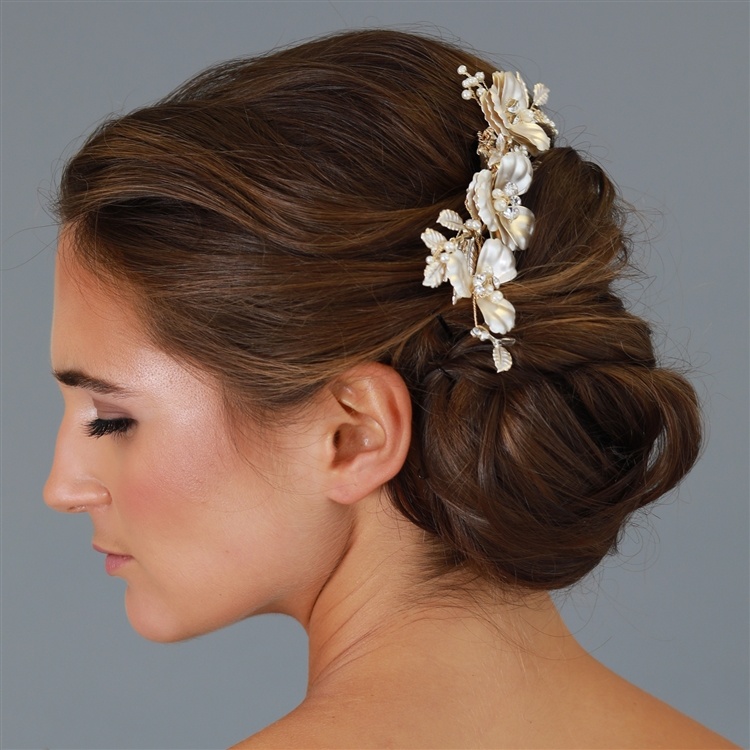 Opulent Multi Layer Matte Gold Floral Wedding Comb With Ivory Pearls And Crystal Accents
