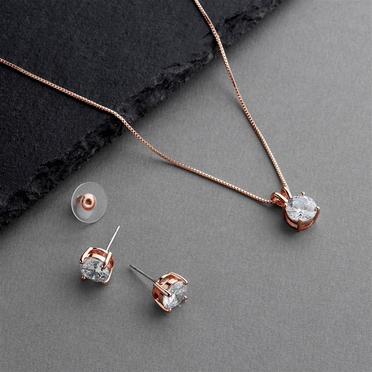 14K Rose Gold Plated Cz Pendant Necklace And Stud Earrings Set