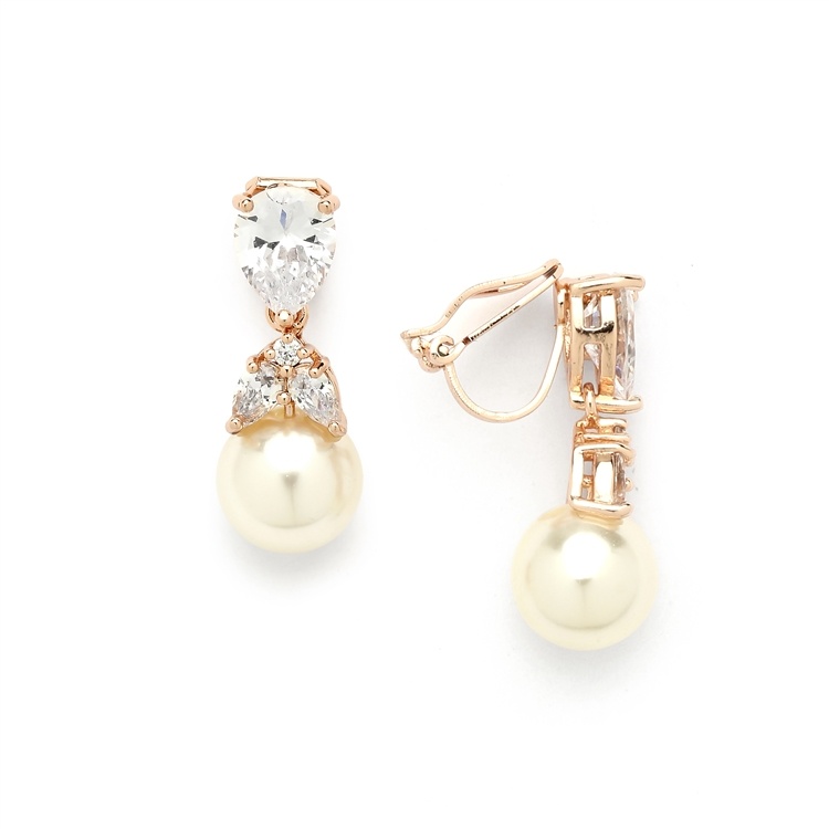 Rose Gold Cz Cip-On Bridal Earrings With Pearl Drops