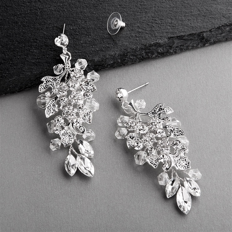 Handmade Statement Earrings For Brides With Cascading Crystals, Flowers & Silver Leaves
