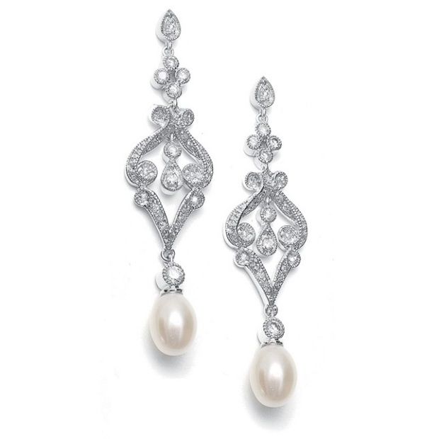 Vintage Cz Scroll Earrings With Freshwater Pearl