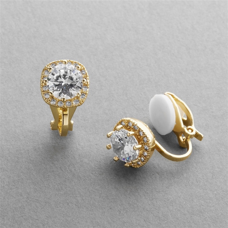 14K Gold Plated Cushion Shape Halo Clip On Earrings With Round Cz Solitaire