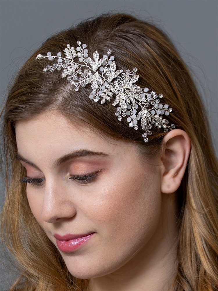 Opal Bridal Hair Vine Side Headband With Silver Crystal Leaves - Ivory Ribbon