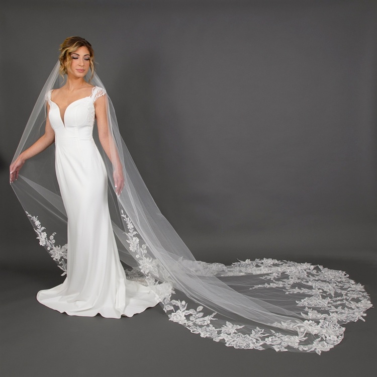 Champagne Bridal Cathedral Wedding Veil with Comb Sequins Appliques Tulle  Veil