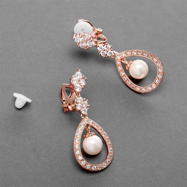 Rose Gold Cz Wedding Clip Earrings With Caged Pearl
