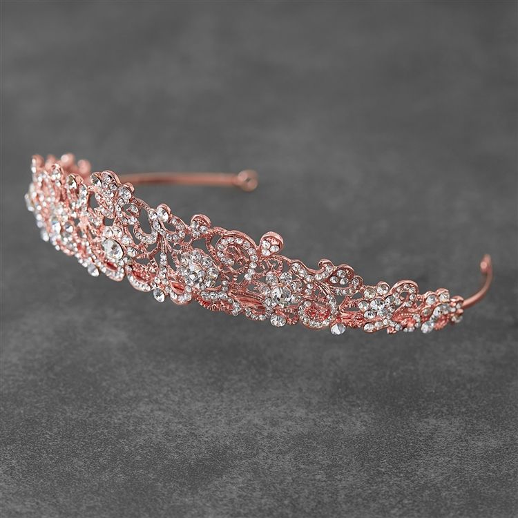 Vintage Filigree Bridal, Wedding Or Prom Rose Gold Tiara With Clear Crystals