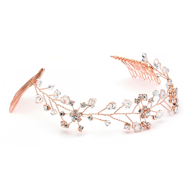 Glamorous Swarovski Crystal Bridal Rose Gold Tiara Vine With Double Combs